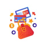 Online-shoppingsymboler, kvinnlig påse-, kreditkort- och minnestavlaPC, illustration för e-kommers begreppsvektor på en vit royaltyfri illustrationer Online-shoppingsymboler, kvinnlig påse-, kreditkort- och minnestavlaPC, illustration för e-kommers begreppsvektor på en vit royaltyfri illustrationer