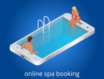 Online-SPA bokningbegrepp Gäster kan boka direktanslutet med mobila enheter, minnestavlor, skrivbord, IPTVs eller kiosk när som h stock illustrationer Online-SPA bokningbegrepp Gäster kan boka direktanslutet med mobila enheter, minnestavlor, skrivbord, IPTVs eller kiosk när som h stock illustrationer