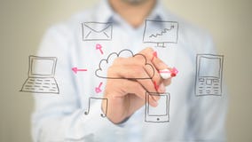 Online Wolk, Concept die, Mens op het transparante scherm schrijven stock afbeeldingen Online Wolk, Concept die, Mens op het transparante scherm schrijven stock afbeeldingen
