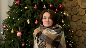 Ontspannen jonge vrouw in ondergoed met deken die naast Kerstboom rusten Mooi glimlachend meisje in een witte sweater royalty-vrije stock foto's Ontspannen jonge vrouw in ondergoed met deken die naast Kerstboom rusten Mooi glimlachend meisje in een witte sweater royalty-vrije stock foto's