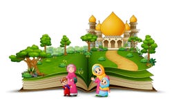 Open boek met groep gelukkige moslimvrouw en haar kinderen in de voorzijde van een moskee stock illustratie Open boek met groep gelukkige moslimvrouw en haar kinderen in de voorzijde van een moskee stock illustratie