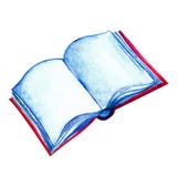Open book, textbook in watercolor. Isolated object on white background. Drawn illustration in a childish, fun, cartoon