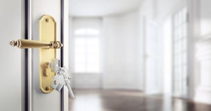 Open classic door with keys agains an empty appartment stock illustration Open classic door with keys agains an empty appartment stock illustration