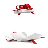 Open gift box with red ribbon