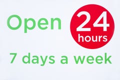 Open 24 hours 7 days a week round circle sign red and green against white background for shop opening times royalty free illustration Open 24 hours 7 days a week round circle sign red and green against white background for shop opening times royalty free illustration