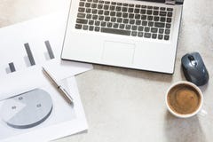 Open Laptop, Documentation, Reports, Planning And Cup Of Black Coffee. Top View With Copy Space. Office Business Concept. Working Royalty Free Stock Photography Open Laptop, Documentation, Reports, Planning And Cup Of Black Coffee. Top View With Copy Space. Office Business Concept. Working Royalty Free Stock Photography
