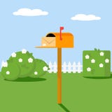 Open the mailbox with a letter set on green lawn grass shrubs and flowers. Vector, illustration EPS10. stock illustration Open the mailbox with a letter set on green lawn grass shrubs and flowers. Vector, illustration EPS10. stock illustration