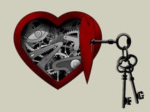 Open red mechanical heart with clockwork and a bunch of keys
