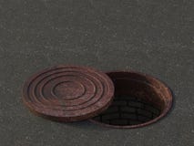 An open sewer. Old rusty hatch cover. Sewerage repair. 3D illustration. royalty free illustration An open sewer. Old rusty hatch cover. Sewerage repair. 3D illustration. royalty free illustration