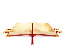 Opened ancient book with red leather cover , blank paper page for mock up Royalty Free Stock Photos Opened ancient book with red leather cover , blank paper page for mock up Royalty Free Stock Photos