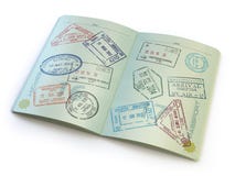 Opened passport with visa stamps on the pages on white vector illustration Opened passport with visa stamps on the pages on white vector illustration