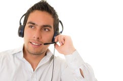 Operador de centro de atendimento latino-americano isolado no branco fotografia de stock royalty free Operador de centro de atendimento latino-americano isolado no branco fotografia de stock royalty free