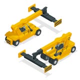Operatore mobile isometrico del contenitore nell'azione ad un terminale di contenitore La gru solleva il vettore isolato operator royalty illustrazione gratis Operatore mobile isometrico del contenitore nell'azione ad un terminale di contenitore La gru solleva il vettore isolato operator royalty illustrazione gratis