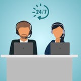 Operatörskonsulenter kvinna och man på tabellen med bärbara datorn Service för appellmitt 24 timmar Begreppsmässigt av klientserv vektor illustrationer Operatörskonsulenter kvinna och man på tabellen med bärbara datorn Service för appellmitt 24 timmar Begreppsmässigt av klientserv vektor illustrationer