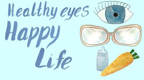 Ophthalmologic набор - глаза, падения, стекла и моркови с глазами надписи здоровыми - счастливая жизнь иллюстрация штока Ophthalmologic набор - глаза, падения, стекла и моркови с глазами надписи здоровыми - счастливая жизнь иллюстрация штока