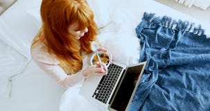 Opinión de alto ángulo la mujer que usa el ordenador portátil mientras que desayunando 4k almacen de video Opinión de alto ángulo la mujer que usa el ordenador portátil mientras que desayunando 4k almacen de video