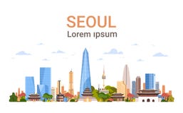 Opinión de la Corea del Sur del horizonte del fondo de la ciudad de Seul con los rascacielos y la bandera famosa de la plantilla stock de ilustración Opinión de la Corea del Sur del horizonte del fondo de la ciudad de Seul con los rascacielos y la bandera famosa de la plantilla stock de ilustración