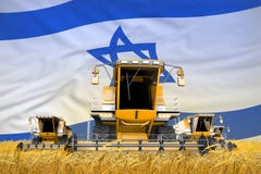 4 orange combine harvesters on grain field with flag background, Israel agriculture concept - industrial 3D illustration stock photography 4 orange combine harvesters on grain field with flag background, Israel agriculture concept - industrial 3D illustration stock photography