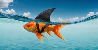 An golden fish with a black shark fin on its back swims in water. An orange golden fish with a black shark fin on its back swims in blue water