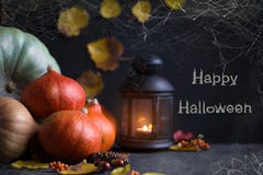 Orange Kürbise Halloween-Konzeptes, eine Laterne mit Kerzen und Laub auf einem dunklen Hintergrund mit einem Spinnennetz stockfotografie Orange Kürbise Halloween-Konzeptes, eine Laterne mit Kerzen und Laub auf einem dunklen Hintergrund mit einem Spinnennetz stockfotografie