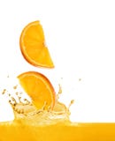 Orange slices fall in juice