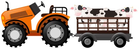 Oranje tractor met twee koeien op wagen stock illustratie Oranje tractor met twee koeien op wagen stock illustratie