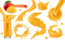 Oranje verfplons Mango, ananas, papajasap Drie kleurenpictogrammen op kartonmarkeringen stock illustratie Oranje verfplons Mango, ananas, papajasap Drie kleurenpictogrammen op kartonmarkeringen stock illustratie