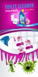 Orchid fragrance toilet cleaner ads. Cleaner bobs kill germs inside toilet bowl. Vector realistic illustration. Vertical banner. Stock Image Orchid fragrance toilet cleaner ads. Cleaner bobs kill germs inside toilet bowl. Vector realistic illustration. Vertical banner. Stock Image