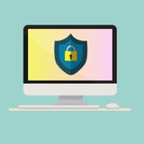 Ordenador con el icono de la protección en la pantalla Ordenador con el teclado y el ratón Concepto en línea de la seguridad Ilus stock de ilustración Ordenador con el icono de la protección en la pantalla Ordenador con el teclado y el ratón Concepto en línea de la seguridad Ilus stock de ilustración
