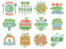 Organic vegan healthy food eco restaurant logo badges labels with vegetarian raw nature food diet designs vector Stock Images Organic vegan healthy food eco restaurant logo badges labels with vegetarian raw nature food diet designs vector Stock Images