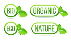 Organisch, natuurlijk, bio, eco vectoretiketten Eco, Bio, Organisch, elementen van Aard de groene verse bladeren stock illustratie Organisch, natuurlijk, bio, eco vectoretiketten Eco, Bio, Organisch, elementen van Aard de groene verse bladeren stock illustratie