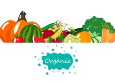 Organiska grönsaker och frukter, näring, sunt livsmedelsproduktmenybaner, illustration för vektor för marknadsaffischbakgrund stock illustrationer Organiska grönsaker och frukter, näring, sunt livsmedelsproduktmenybaner, illustration för vektor för marknadsaffischbakgrund stock illustrationer
