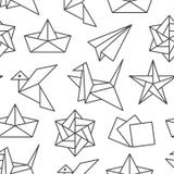Origami bezszwowy wz?r z mieszkanie linii ikonami Papierowi ?urawie, ptak, ??d?, p?askiego wektoru ilustracje monochrom royalty ilustracja Origami bezszwowy wz?r z mieszkanie linii ikonami Papierowi ?urawie, ptak, ??d?, p?askiego wektoru ilustracje monochrom royalty ilustracja