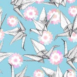 Origami białego papieru żurawie ustawiający kreślą bezszwowego wzór szarości kreskowej natury orientalny tło z japończykiem Sakur ilustracja wektor Origami białego papieru żurawie ustawiający kreślą bezszwowego wzór szarości kreskowej natury orientalny tło z japończykiem Sakur ilustracja wektor