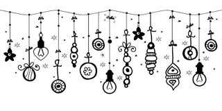 Ornamentos colgantes de la Navidad de la bola en la frontera ilustración del vector Ornamentos colgantes de la Navidad de la bola en la frontera ilustración del vector