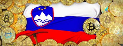 Oro di Bitcoins intorno alla bandiera ed al piccone della Slovenia a sinistra 3D i illustrazione vettoriale Oro di Bitcoins intorno alla bandiera ed al piccone della Slovenia a sinistra 3D i illustrazione vettoriale