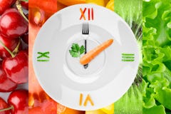 Orologio dell'alimento con le verdure e la frutta fotografia stock libera da diritti Orologio dell'alimento con le verdure e la frutta fotografia stock libera da diritti