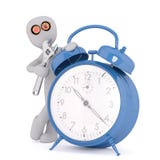 Orologio di Beside Blue Alarm dell'inventore del fumetto con lo strumento illustrazione di stock Orologio di Beside Blue Alarm dell'inventore del fumetto con lo strumento illustrazione di stock