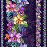 A orquídea bonita floresce e o monstera sae em linhas retas no fundo roxo escuro Teste padrão floral tropical sem emenda Imagens de Stock A orquídea bonita floresce e o monstera sae em linhas retas no fundo roxo escuro Teste padrão floral tropical sem emenda Imagens de Stock