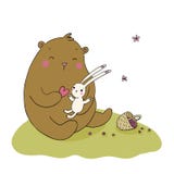 Orso e lepre adorabili del fumetto Canestro con le bacche Animali felici illustrazione di stock Orso e lepre adorabili del fumetto Canestro con le bacche Animali felici illustrazione di stock