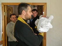Orthodox Infant Baptism Ceremony At Home In Belarus. Stock Images