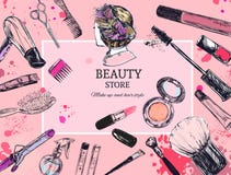 Os cosméticos e a beleza vector o fundo com compõem objetos do artista e do cabeleireiro: batom, creme, escova Com lugar para seu ilustração royalty free Os cosméticos e a beleza vector o fundo com compõem objetos do artista e do cabeleireiro: batom, creme, escova Com lugar para seu ilustração royalty free