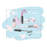 Os cosméticos e o fundo da forma com compõem objetos do artista: batom, creme, escova verniz para as unhas, rímel, sombras, ilustração do vetor Os cosméticos e o fundo da forma com compõem objetos do artista: batom, creme, escova verniz para as unhas, rímel, sombras, ilustração do vetor