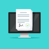 Os documentos eletrónicos em linha no portátil vector a ilustração, original de papel dos desenhos animados lisos com a assinatur ilustração do vetor Os documentos eletrónicos em linha no portátil vector a ilustração, original de papel dos desenhos animados lisos com a assinatur ilustração do vetor