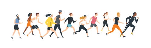 Os homens e as mulheres vestiram-se na roupa dos esportes que corre a raça de maratona Participantes do evento do atletismo que t ilustração royalty free Os homens e as mulheres vestiram-se na roupa dos esportes que corre a raça de maratona Participantes do evento do atletismo que t ilustração royalty free