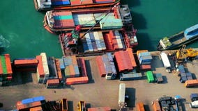 Os navios de carga carregaram pelo guindaste com os recipientes de carga em um terminal ocupado do porto Hon Kong filme Os navios de carga carregaram pelo guindaste com os recipientes de carga em um terminal ocupado do porto Hon Kong filme