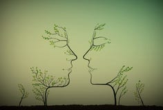Os pares de povos olham como silhuetas dos ramos de árvore, dois perfis de abaixam o conceito, ilustração royalty free Os pares de povos olham como silhuetas dos ramos de árvore, dois perfis de abaixam o conceito, ilustração royalty free