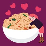 Os povos da mulher das meninas viciado ao macarronete imediato amam sua bacia grande de apetite insalubre da obsessão dos amantes ilustração do vetor Os povos da mulher das meninas viciado ao macarronete imediato amam sua bacia grande de apetite insalubre da obsessão dos amantes ilustração do vetor