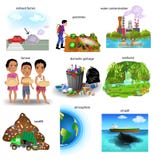 Os problemas do meio ambiente gostam de emanações de exaustão, inseticidas, contaminação da água, fome, lixo doméstico, atmosphe ilustração royalty free Os problemas do meio ambiente gostam de emanações de exaustão, inseticidas, contaminação da água, fome, lixo doméstico, atmosphe ilustração royalty free