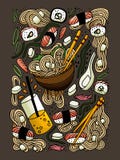 Os Ramen e o sushi rabiscam a ilustração colorida tirada mão do estilo Alimento japonês Culinária asiática ilustração royalty free Os Ramen e o sushi rabiscam a ilustração colorida tirada mão do estilo Alimento japonês Culinária asiática ilustração royalty free